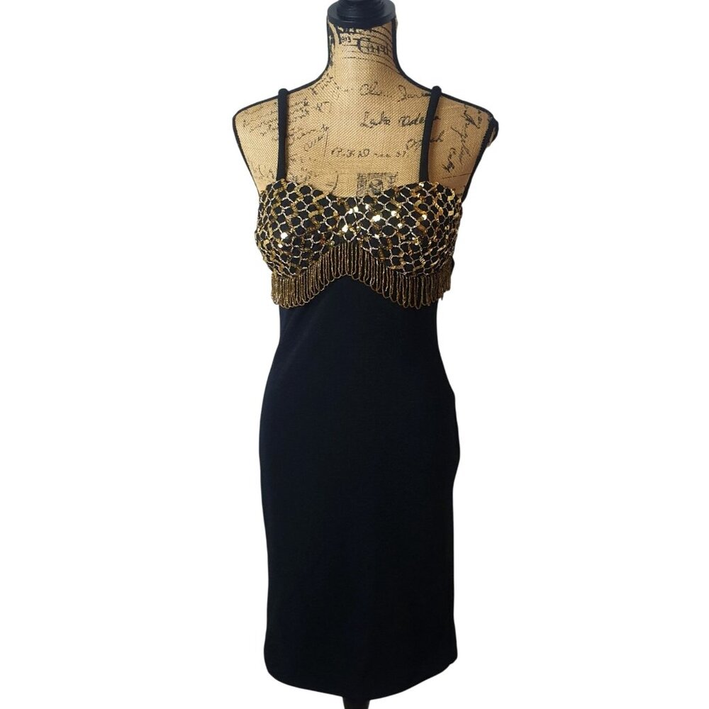Gina Bacconi Black Evening Dress 14 Gold Sequin Fringe Top VTG Party Cocktail